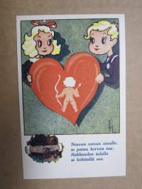 Onnittelukortti / postikortti &quot;Neuvon annan sinulle, se paina korvan taa: Rakkauden tulella ei leikitellä saa.&quot;, vuodelta 1943, käyttämätön