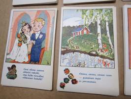 Onnittelukorttisarja / postikorttisarja tekstein / värssyin, 10 kpl vuodelta 1943, häät, seurustelu, rakkaus ym.