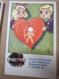 Onnittelukorttisarja / postikorttisarja tekstein / värssyin, 10 kpl vuodelta 1943, häät, seurustelu, rakkaus ym.