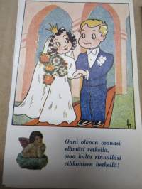 Onnittelukorttisarja / postikorttisarja tekstein / värssyin, 10 kpl vuodelta 1943, häät, seurustelu, rakkaus ym.