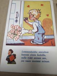 Onnittelukorttisarja / postikorttisarja tekstein / värssyin, 10 kpl vuodelta 1943, häät, seurustelu, rakkaus ym.
