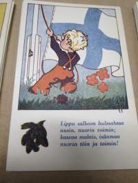 Onnittelukorttisarja / postikorttisarja tekstein / värssyin, 10 kpl vuodelta 1943, häät, seurustelu, rakkaus ym.