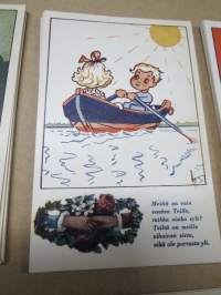 Onnittelukorttisarja / postikorttisarja tekstein / värssyin, 10 kpl vuodelta 1943, häät, seurustelu, rakkaus ym.