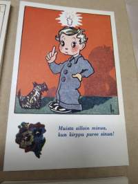 Onnittelukorttisarja / postikorttisarja tekstein / värssyin, 10 kpl vuodelta 1943, häät, seurustelu, rakkaus ym.