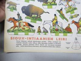 Sioux-intiaaninien leiri / Sioux-indianernas läger -leikkuuarkki, josta saksilla leikkaamalla sai kolmiulotteisia hahmoja poikien leikkeihin, 1950-luvulta