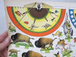 Sioux-intiaaninien leiri / Sioux-indianernas läger -leikkuuarkki, josta saksilla leikkaamalla sai kolmiulotteisia hahmoja poikien leikkeihin, 1950-luvulta