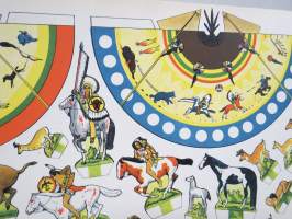 Sioux-intiaaninien leiri / Sioux-indianernas läger -leikkuuarkki, josta saksilla leikkaamalla sai kolmiulotteisia hahmoja poikien leikkeihin, 1950-luvulta