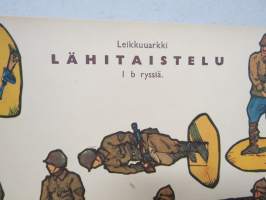 Lähitaistelu - 1 b - ryssiä, sota-aikainen -leikkuuarkki, josta saksilla leikkaamalla sai kolmiulotteisia hahmoja poikien leikkeihin