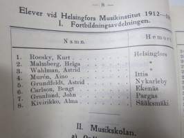 Helsingfors Musikinstitut årsberättelse 1912-1913, elevlistor mm Jorma &amp; Kirsti Gallen-Kallela etc.