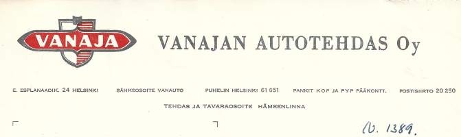 Vanajan Autotehdas Oy   1955  firmalomake
