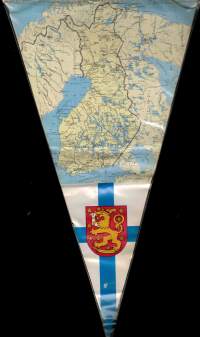 Viiri, kaksipuolinen, muovipintainen. Koko  Pituus 27 cm, levein kohta 15 cm. Viiri ajalta kun maakunnat tunnuksineen olivat vielä olemassa.