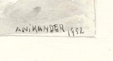 A Nikander, &quot;Luminen piha&quot; laveeraus sign 1952  22x17  cm kehystämätön