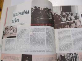 Me Naiset 1959 nr 6, Kesäinen Helsinki, Kyllikki Härkäpää muotikorut kuva Claire Aho, Hattu ja minä - Nostakaamme tytölle hattua - Carita Järvinen, Akateemista arkea