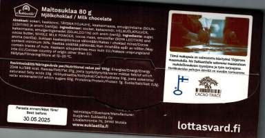 Lottasvärd järjestön Hyvä joulu toivotukset suklaalla. Ohut pahvinen rasia. Koko 8 x15,5 cm korkeus 0,6 cm
