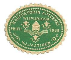 Kauppatorin Apteekki Wiipurissa Hj Jaatinen- vanha  apteekkietiketti apteekkisinetti sinetti paperisinetti 25x35  mm
