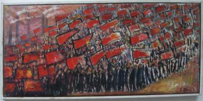, &quot; Voittoisat matadoorit&quot;öljymaalaus kankaalle  25x55 cm sign LO - 63