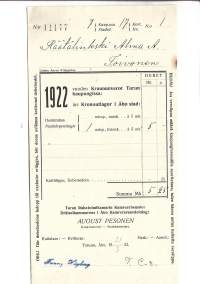 Kruununverot vuodelta 1922 Turun kaupungissa  - firmalomake