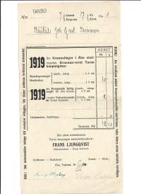 Kruununverot vuodelta 1919 Turun kaupungissa ja Vaivaistenmaksu Turun kunnalle.  - firmalomake
