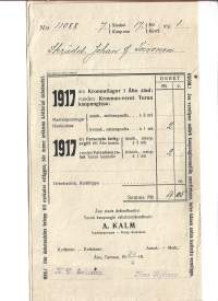 Kruununverot vuodelta 1916 Turun kaupungissa ja Vaivaisten rahat  Turun kunnalle.  - firmalomake