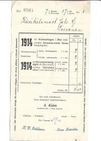 Kruununverot vuodelta 1914 Turun kaupungissa ja Vaivaisten rahat  Turun kunnalle.  - firmalomake