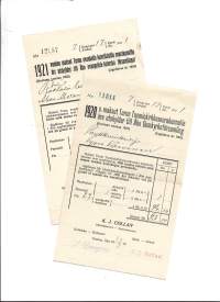 1920 ja 1921 v maksut Turun Tuomiokirkkoseurannalle .  - firmalomake 2 kpl