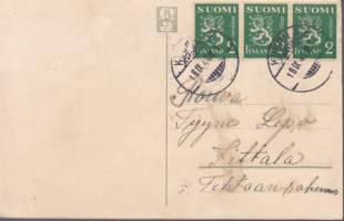 Postikortti - Onnittelukortti (tulppaanit), 1948. Kulkenut, postimerkki mukana. Leima Kuurila. Kustantaja EJT Oy