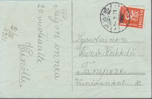 Postikortti - Onnittelukortti (Tulppaanit), 1931. Kulkenut, postimerkki mukana. Leima Wesilahti.