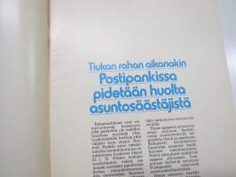 Postipankin asunto-opas 1975-1976, asuntosäästäjille tarkoitettu julkaisu, hyvää ajankuvaa, esittelee myös eri paikkakuntien asuntotuotantoa