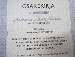 Suomen Kellokeskus Oy, Helsinki 1959, 50 000 mk, Raimo Perkko -osakekirja nr 1451-1500