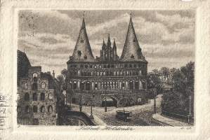 Lubeck Holstentor  - paikkakuntakortti  postikortti -  kulkenut 1912 merkki pois  grafiikka