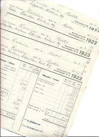 Kruununverot vuodelta 1923 Kaarinan kunnan Hulkion kylä.  - firmalomake 5 kpl