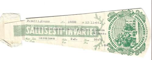 Hermannin  Apteekki Helsinki  resepti  signatuuri  1944