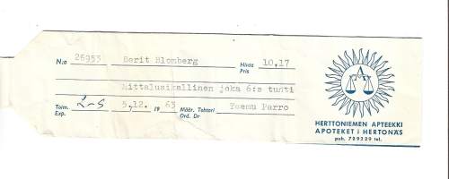 Herttoniemen Apteekki   , resepti  signatuuri   1963