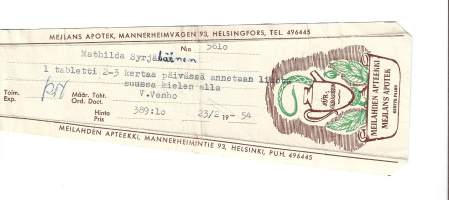 Meilahden  Apteekki Helsinki  Kerttu Palho resepti  signatuuri  1954