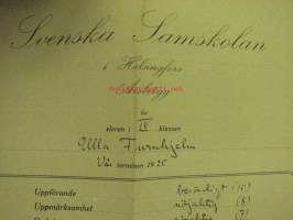 Svenska Samskolan i Helsingfors Ulla Furuhjelm Årsbetyg 1925 -lukuvuositodistus