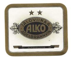 Jaloviinaa Alko kahden  tähden jallu - viinaetiketti  vuodelta 1933 Tilgmann kivipaino - valmistettu vain 1932-48