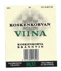 Koskenkorvan viinaa   Alko nr 0132  viinaetiketti Tapio Wirkkalan suunnittelema abstrakti kuva-aihe.. Sen suunnitteli Lasse Linnanmäki.