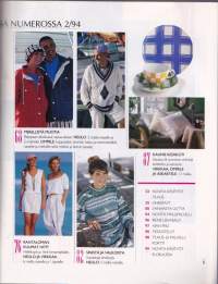 Novita Käsityöt 2/1994. 67 mallia (Neulo/virkkaa/askartele) ja kaava-arkki.(farkut, shortsit, mekko, hattu, hupputakki ja merimiessäkki)
