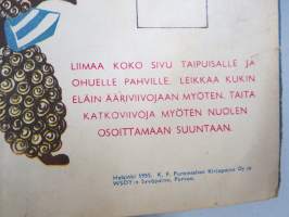 Lasten Maailma 1955 nr 6, tehtäviä, tarinoita, sarjakuvia, päätoimittaja Markus Rautio, Takasivu leikattavat eläinhahmot