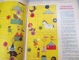 Lasten Maailma 1955 nr 8, tehtäviä, tarinoita, sarjakuvia, päätoimittaja Markus Rautio, kuvituksia mm. Maija Karma, takasivu Paperipoika Yki (paperinukke)
