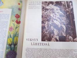 Lasten Maailma 1955 nr 8, tehtäviä, tarinoita, sarjakuvia, päätoimittaja Markus Rautio, kuvituksia mm. Maija Karma, takasivu Paperipoika Yki (paperinukke)