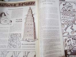 Lasten Maailma 1955 nr 8, tehtäviä, tarinoita, sarjakuvia, päätoimittaja Markus Rautio, kuvituksia mm. Maija Karma, takasivu Paperipoika Yki (paperinukke)