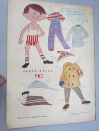 Lasten Maailma 1955 nr 8, tehtäviä, tarinoita, sarjakuvia, päätoimittaja Markus Rautio, kuvituksia mm. Maija Karma, takasivu Paperipoika Yki (paperinukke)
