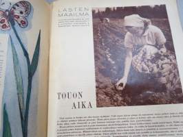 Lasten Maailma 1955 nr 5, tehtäviä, tarinoita, sarjakuvia, päätoimittaja Markus Rautio, kuvituksia mm. Maija Karma, takasivu Perhospeli