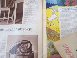 Lasten Maailma 1955 nr 5, tehtäviä, tarinoita, sarjakuvia, päätoimittaja Markus Rautio, kuvituksia mm. Maija Karma, takasivu Perhospeli
