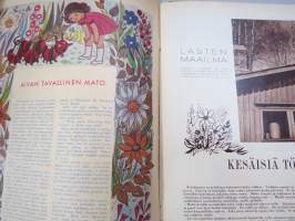 Lasten Maailma 1954 nr 6, tehtäviä, tarinoita, sarjakuvia, päätoimittaja Markus Rautio, kuvituksia mm. Maija Karma, takasivu Pekan unitaivas
