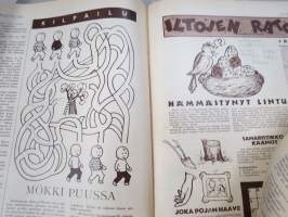 Lasten Maailma 1954 nr 6, tehtäviä, tarinoita, sarjakuvia, päätoimittaja Markus Rautio, kuvituksia mm. Maija Karma, takasivu Pekan unitaivas