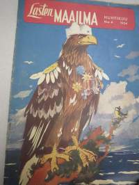 Lasten Maailma 1954 nr 4, Mannerheim-kotka?, tehtäviä, tarinoita, sarjakuvia, päätoimittaja Markus Rautio, kuvituksia mm. Maija Karma, takas. Pikkaraisen paperinukke