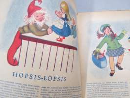 Lasten Maailma 1954 nr 4, Mannerheim-kotka?, tehtäviä, tarinoita, sarjakuvia, päätoimittaja Markus Rautio, kuvituksia mm. Maija Karma, takas. Pikkaraisen paperinukke