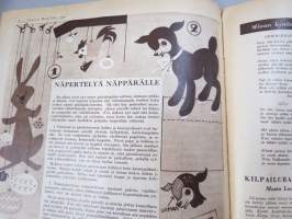 Lasten Maailma 1954 nr 4, Mannerheim-kotka?, tehtäviä, tarinoita, sarjakuvia, päätoimittaja Markus Rautio, kuvituksia mm. Maija Karma, takas. Pikkaraisen paperinukke